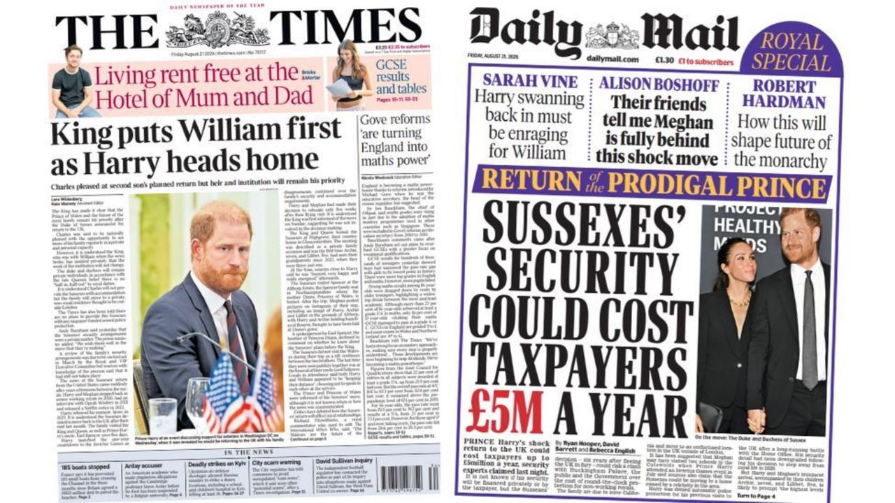 Newspaper review: 'King puts William first' and Harry security could cost public '£5m a year'